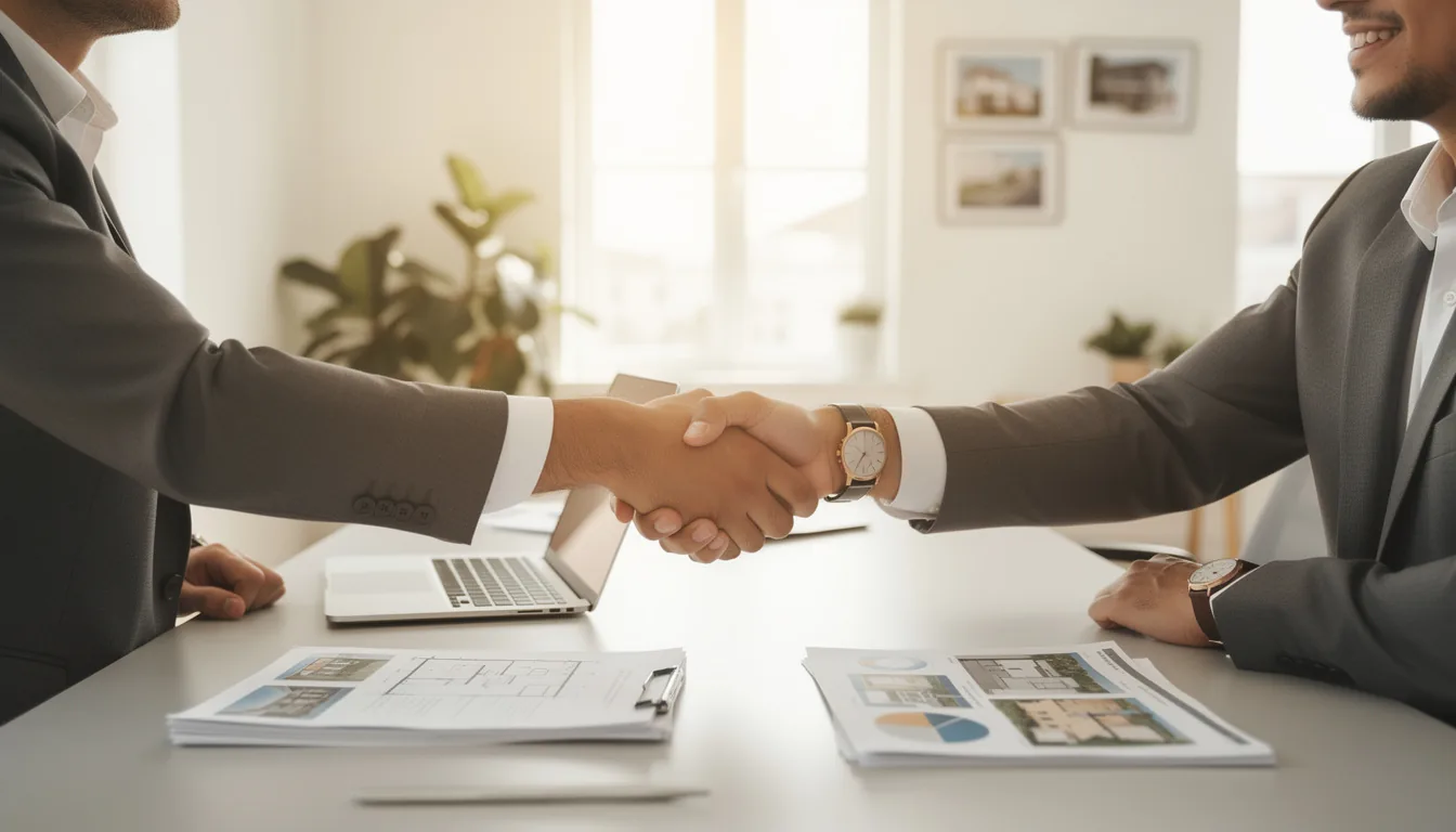 Two people shaking hands across a desk in a bright office