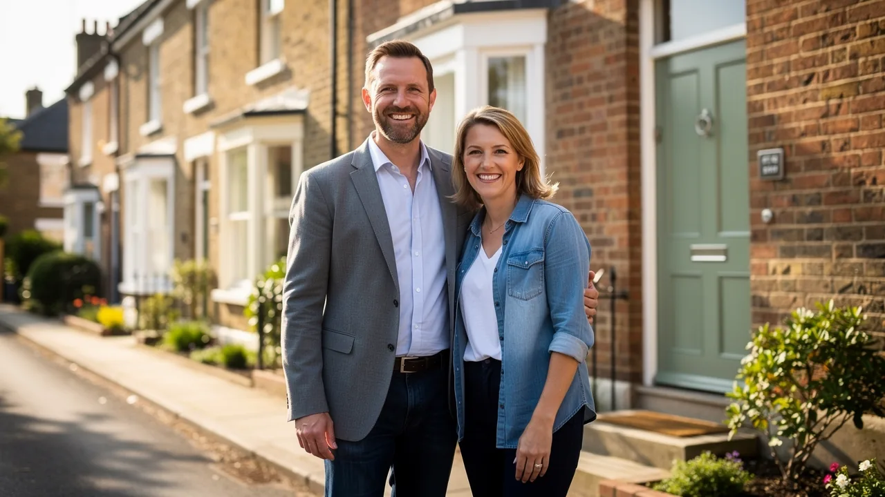 A happy British couple smiling outside the terraced home they have sold